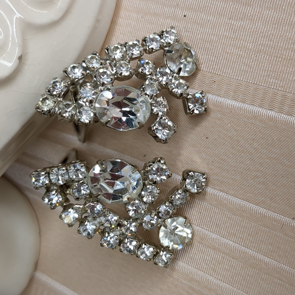 Vintage 60s Rhinestone Earrings AB Crystal Crescent Shape Wedding Formal